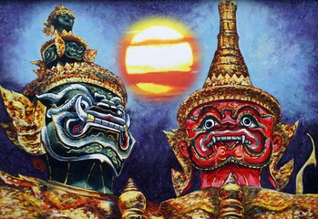 Fototapeta premium hand painted original impressionism art oil painting giant guardians grand palace bangkok thailand and ramayana story