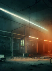 Abandoned factory, ruined and crumbling. 