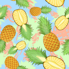 Whole and cut pineapple random repeat seamless pattern. Tropical fruit endless texture on spots background. Irregular boundless background. Summer surface design. Editable tile for cloth, interior