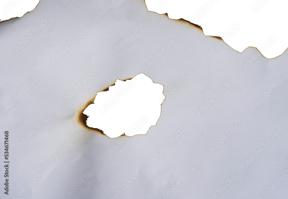 Poster burnt paper frame for texture overlay. damaged white paper with burnt stain in transparent background. blank ripped paper edge for a design element.