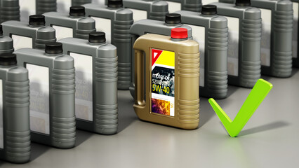 Motor oil can with tick sign stands out among gray cans. 3D illustration