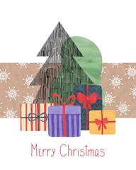 Christmas card. The design of the postcard is created from different textures: recycled paper, watercolor paper. Hand-drawn