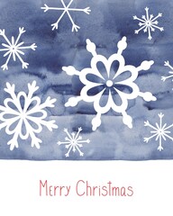 Christmas card with snowflakes. Minimalistic design of a postcard or poster. Snowflakes on a watercolor background. Hand-drawn