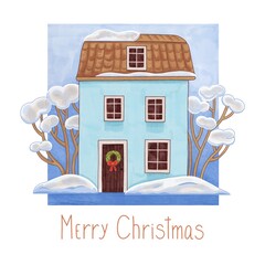A Christmas card with a house. Hand-drawn. Marker Art