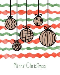 Christmas card with red and green stripes, Christmas balls. A poster for Christmas, created in the collage style.