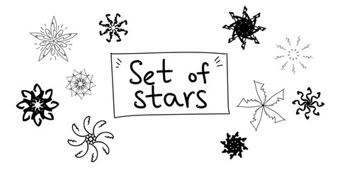 A set of hand-drawn stars, flowers or snowflakes. Vector images. It looks like the sun, or Arabic script, or Slavic symbols. Vector illustration.