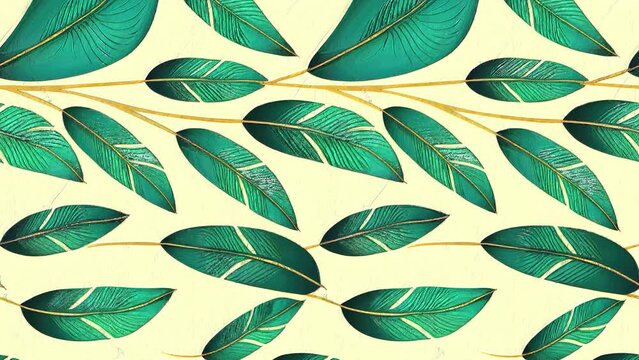 Tropical seamless looping animation with beautiful palm, banana leaves. Hand drawn vintage 3D render. Glamorous exotic abstract background design. Good for luxury wallpapers, cloth, fabric printing