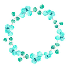 wreath of watercolor eucalyptus branch on isolated white background, hand drawn. Perfect for card design, invitation, scrapbooking, fabric printing.