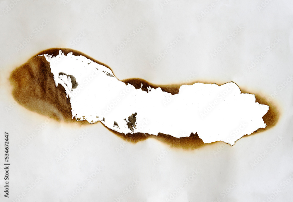 Poster burnt paper frame for texture overlay. damaged white paper with burnt stain in transparent background. blank ripped paper edge for a design element.