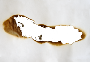 burnt paper frame for texture overlay. damaged white paper with burnt stain in transparent background. blank ripped paper edge for a design element.