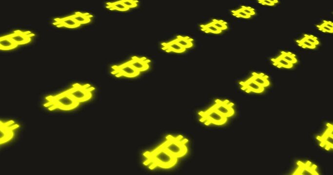 Moving, glowing cryptocurrency symbols on a dark background, 4K animation.