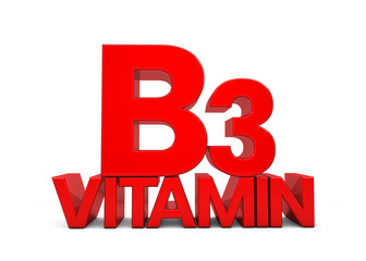 Vitamin B3 letter in red isolated on white background. Vitamin B3 3d. Natural sources of Vitamin concept. 3D rendering