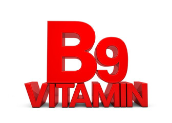 Vitamin B9 letter in red isolated on white background. Vitamin B9 3d. Natural sources of Vitamin concept. 3D rendering