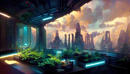 Futuristic dark modern room, neon light interior with botanical garden, plants. sci-fi neon interior. 3D render. Raster illustration.