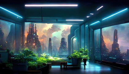 Futuristic dark modern room, neon light interior with botanical garden, plants. sci-fi neon interior. 3D render. Raster illustration.
