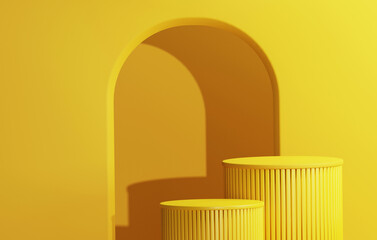 Round podium with geometric semicircular doors on yellow abstract background