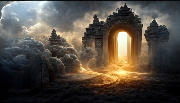 Wooden gate in thick smoke in the form of clouds to the portal to the underworld. The edge of the portal glows yellow.  3D visualization, 3d rendering