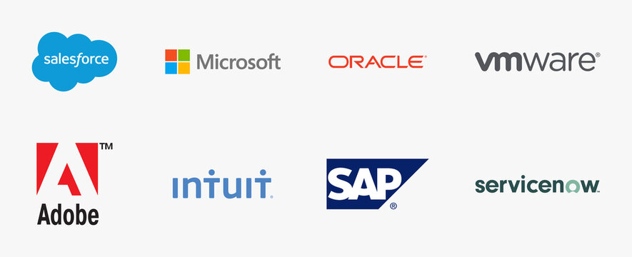 Biggest Software Companies logo: Microsoft, Salesforce, Adobe, Oracle, SAP, VMware, ServiceNow, Intuit, Editorial vector illustration.