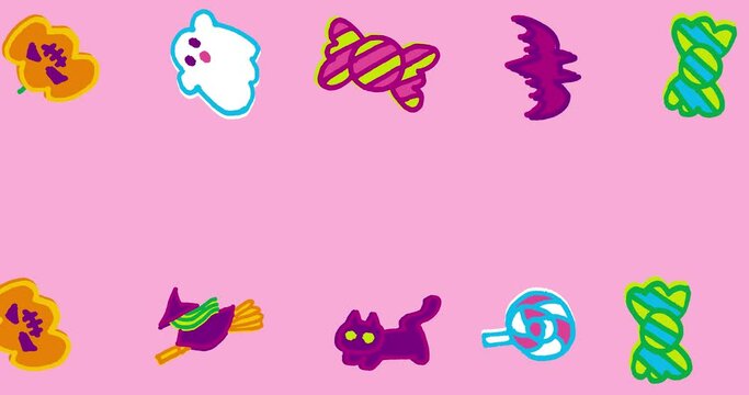 Lots of cute Halloween icons roll in above and below the pink background. Jack-o'-lanterns, ghosts, witches, black cats, bats, sweets