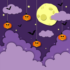 halloween banner Party invitation background with night clouds and pumpkins in paper cut style. Vector illustration full moon in sky, flying bats.