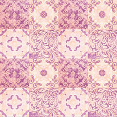 Old pink beige vintage worn geometric shabby mosaic ornate patchwork motif porcelain stoneware...