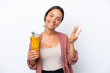 Young hispanic woman holding a cocktail isolated on white background happy and counting three with fingers