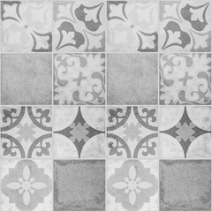 Old beige gray vintage worn geometric shabby mosaic ornate patchwork motif porcelain stoneware...