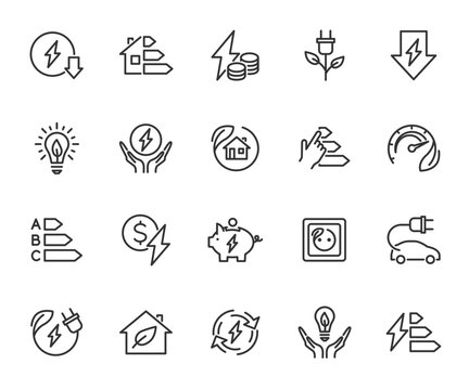 Vector set of energy saving line icons. Contains icons energy efficiency, power consumption, energy costs, green house, reduction consumption, electric car and more. Pixel perfect.