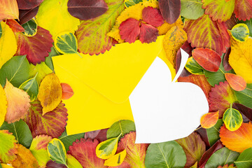 Fototapeta na wymiar Creative layout made of dried leaves in autumn and paper card leaf sticking out of the envelope. Flat lay. Autumn nature leaves concept.