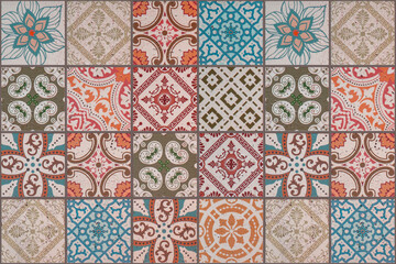 Old colorful seamless flowers leaves vintage geometric shabby mosaic ornate patchwork motif porcelain stoneware tiles, square mosaic stone concrete cement tile mirror wall texture background pattern.. - obrazy, fototapety, plakaty