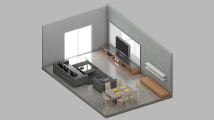 Isometric view of a living room,residential area, 3d rendering.