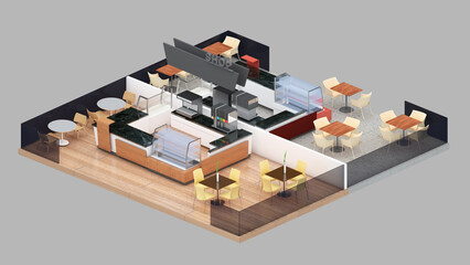 Isometric view of a  coffee shop, bakery shop, 3d rendering.