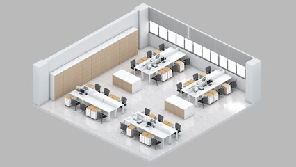 Isometric view of a office area, working space, Work space in a business office building , 3d rendering.