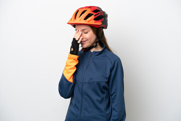 Young cyclist Lithuanian woman isolated on white background laughing