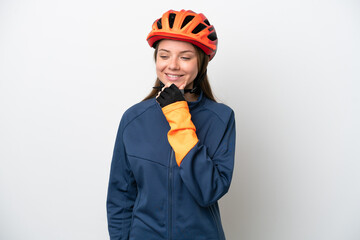 Young cyclist Lithuanian woman isolated on white background looking to the side and smiling