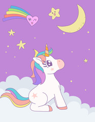 Cute rainbow unicorn sitting looking at the moon on the cloud with star in the sky. Design illustration.