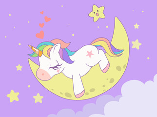 Cute rainbow unicorn sleeping on the moon with the star in the sky. Design illustration.