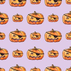 seamless pattern with watercolor pumpkin pirates with an eye patch on a lilac background. template design for halloween. Use to print wrapping paper, paper, textiles and decorations.
