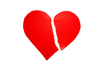 A torn red paper heart on an isolated white background. The concept of separation and unhappy love. The concept of health and medicine.