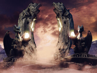 Fantasy arch with stone dragon statues, each one holding a glowing egg. 3D render. - 534677054
