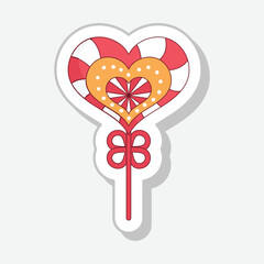 Sticker Style Red And White Heart Lollipop Icon In Flat Style.