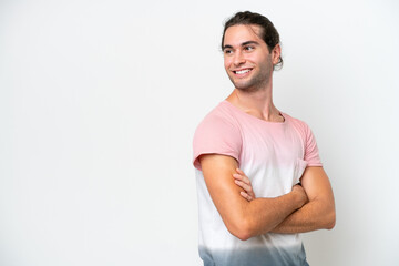 Obraz premium Caucasian handsome man isolated on white background looking to the side and smiling