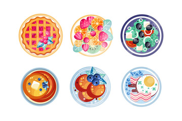 Fototapeta na wymiar Restaurant or homemade food set. Top view of tasty breakfast or lunch dishes vector illustration