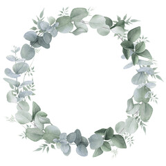 A floral wreath of the eucalyptus branches and green leaves hand drawn in watercolor isolated on a white background. Watercolor illustration. Watercolor floral wreath.
