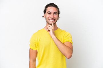 Caucasian handsome man isolated on white background showing a sign of silence gesture putting finger in mouth