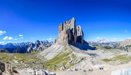 Panorama of the famous dolomites peak Tre Cime di Lavaredo with Cadinini di Misurina group at the background