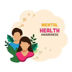 Awareness Mental Health Day Concept With Faceless Girl, Boy Character, Leaves On Beige And White Background.