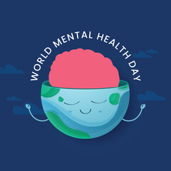 World Mental Health Day Concept With Brain In Half Earth Globe Against Blue Background.