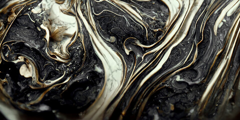 Fototapeta Spectacular macro image of black and golden liquid ink churning together, with a realistic texture and great quality for abstract concept. Digital art 3D illustration. obraz