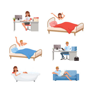 Daily routine of man and woman set. People sleeping, working and resting cartoon vector illustration